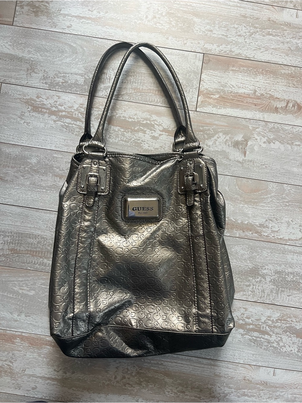 GUESS Metallic Gunmetal Shoulder Tote